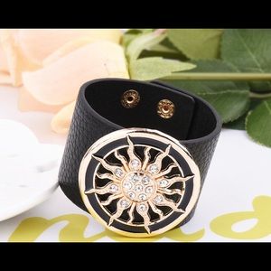 Black leather adjustable wrap bracelet with sun
